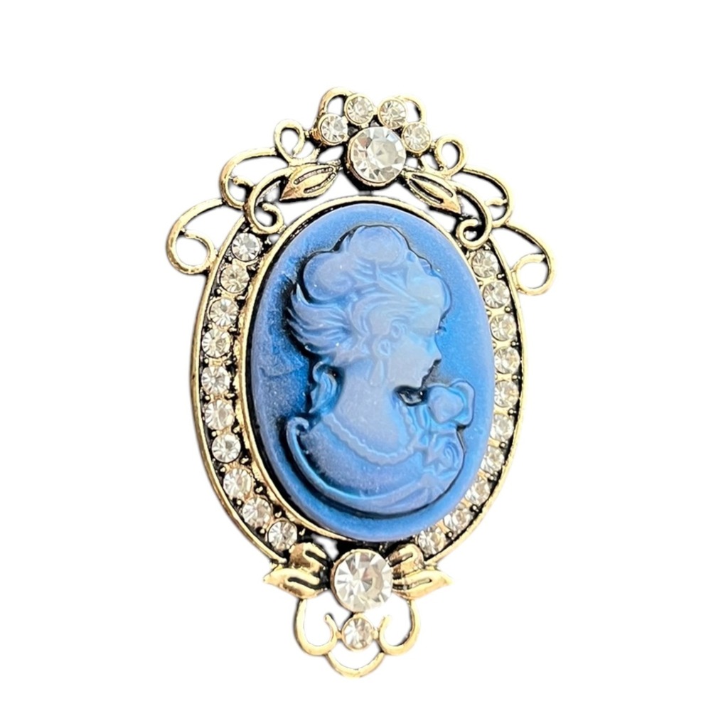 Vintage Style Blue Cameo Brooch Pin 2.25" Ornate Gold Tone Rhinestone Accent